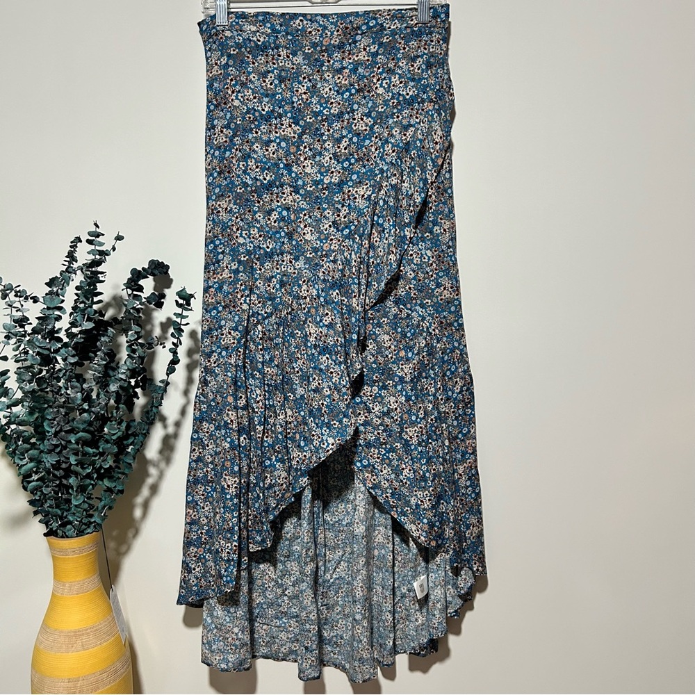 Sonoma blue floral Wrap Maxi Skirt Asymmetrical Ruffled